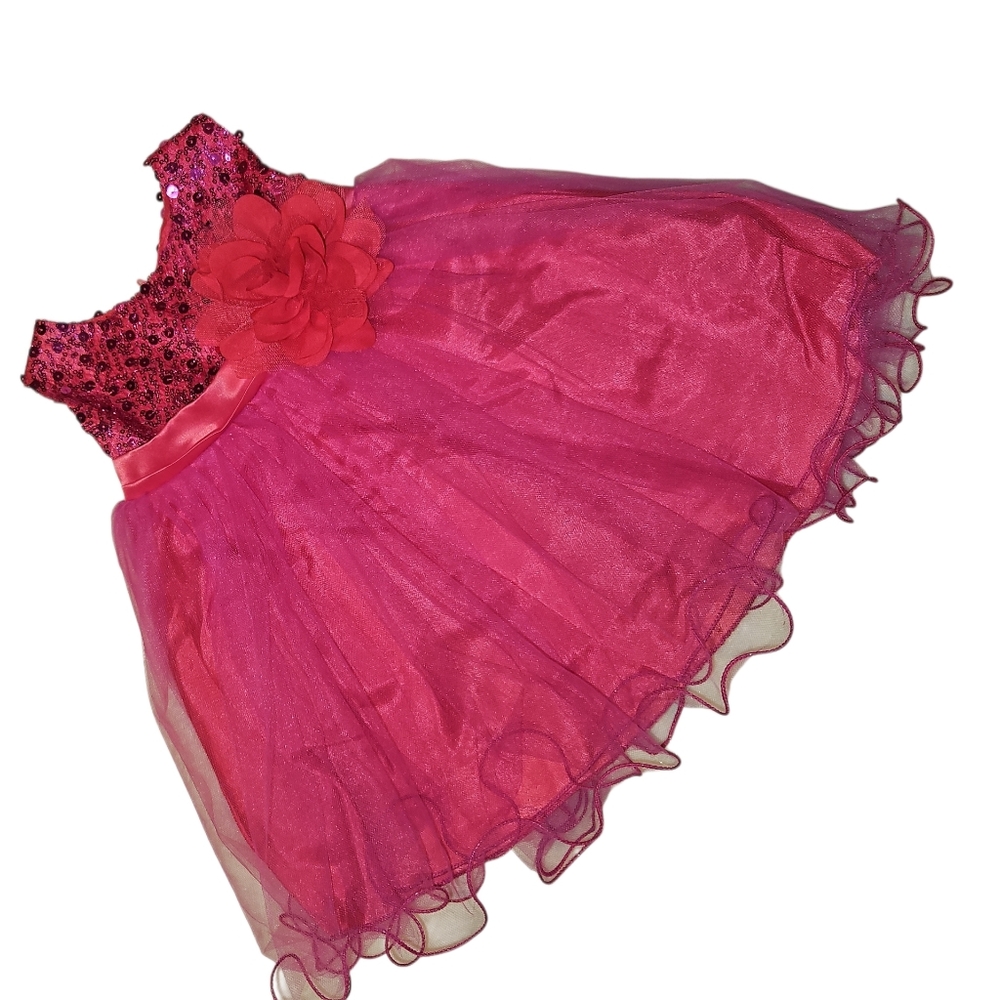 Girls Pink Sequin Party Dress M | Tulle Flower Formal Holiday